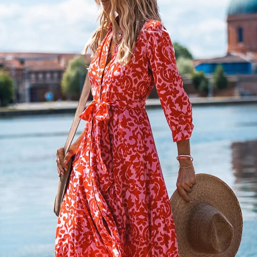 Last 1! NWT Stylish Red Print Tie Waist Maxi Dress - Picture 5 of 6
